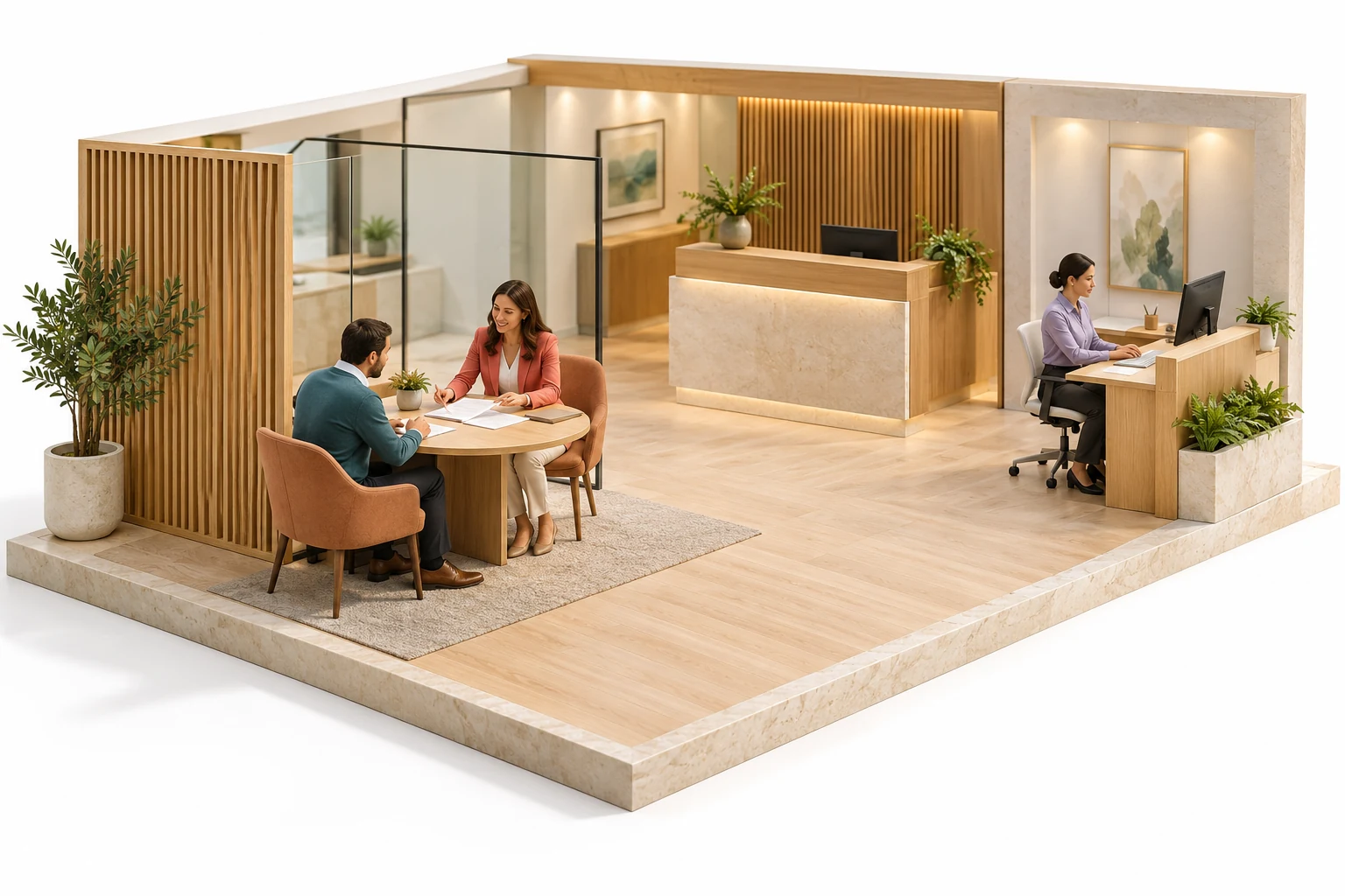 A miniature bank service area with a visitor and adviser in a calm consultation.