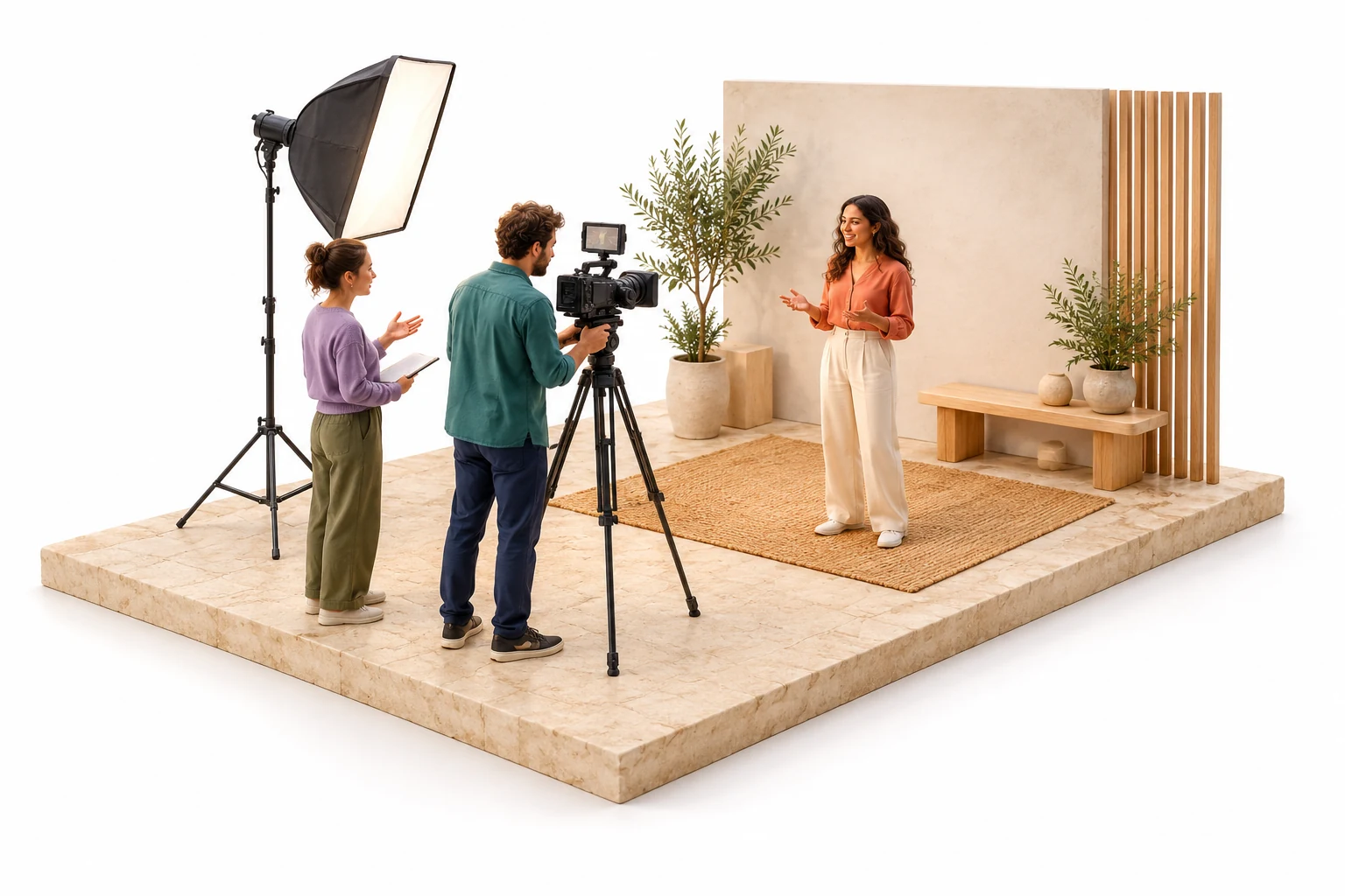 A miniature film set with a camera operator, director and subject preparing a scene.