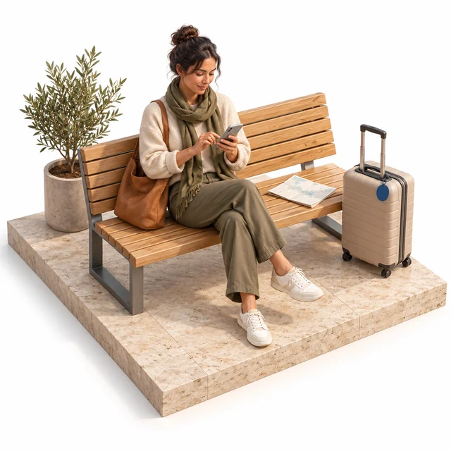 A virtual traveler uses a phone assistant beside their luggage.