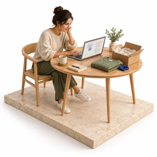 A virtual shopper uses a laptop beside a parcel and clothes.